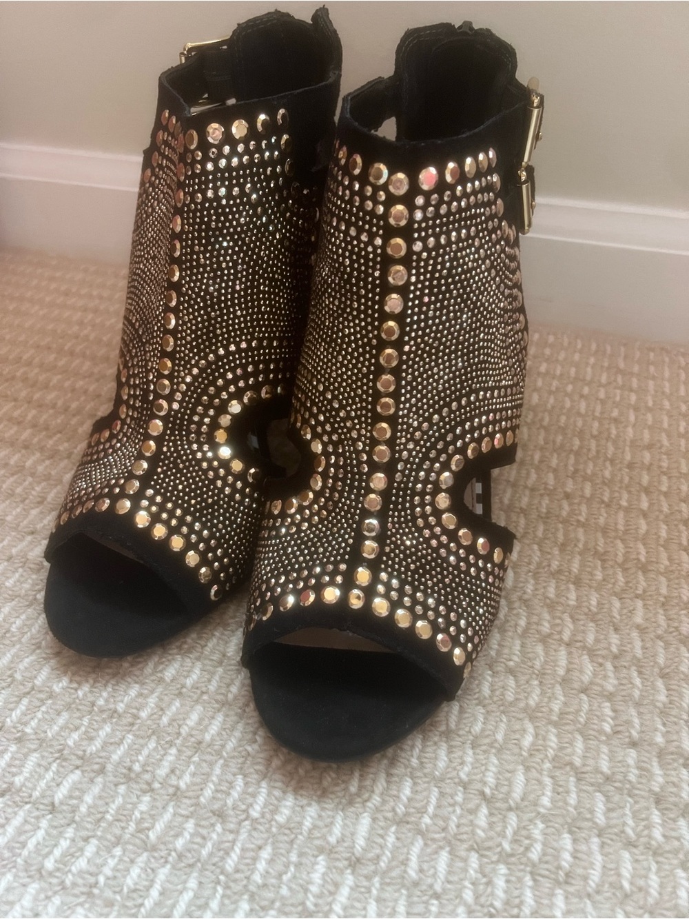 Betsey Johnson Black Gold-Studded Peep-Toe Wedge Booties